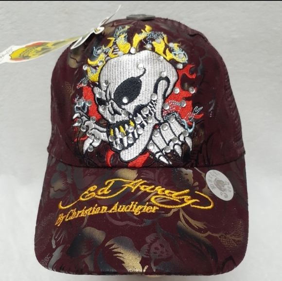 Christian Audigier Other - Ed Hardy by Christian Audigier Skull/Rhinestone Embroidered Snapback Hat VTG